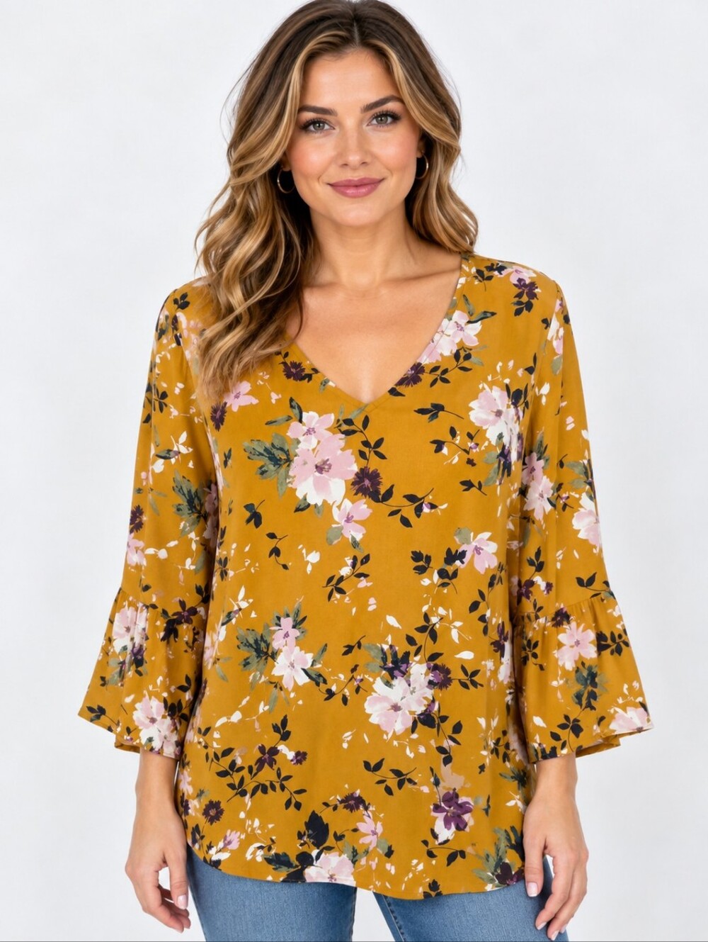 J.Jill Floral Tunic Top Women XS Mustard Yellow V Neck Bell Sleeve Rayon